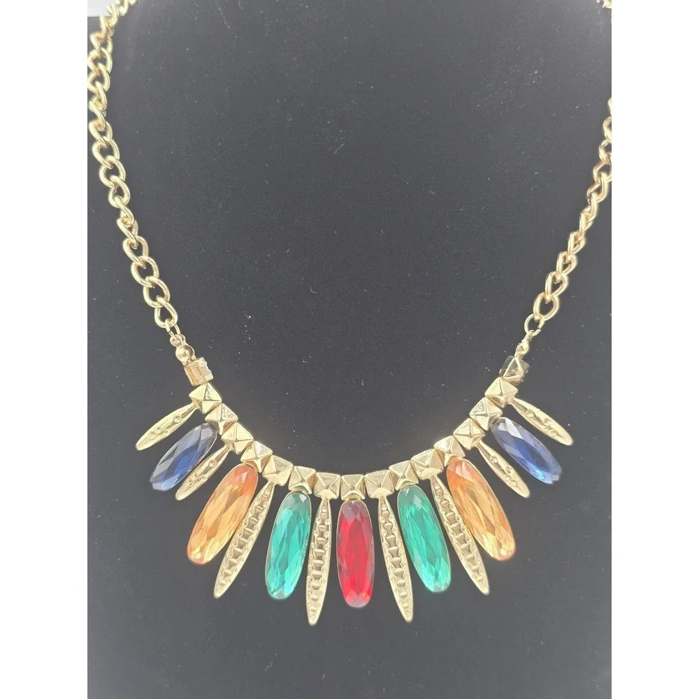 Gold Tone Multi-Color Gemstone Bib Statement‎ Necklace Fashion Jewelry
